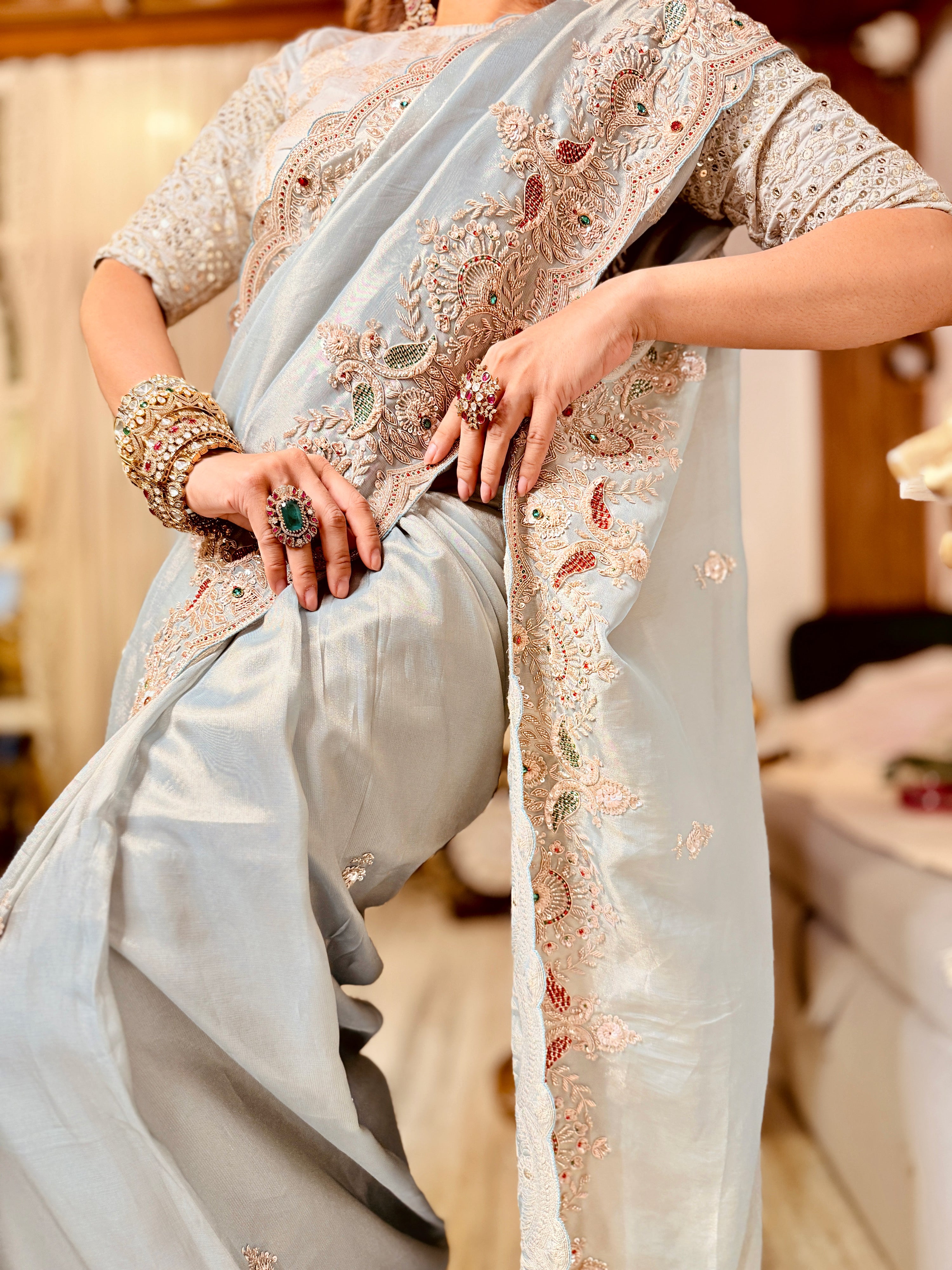 Pastel Sky-Blue zari woven Kanjivaram Tissue Heavy Zardosi Designer Saree with Blouse piece