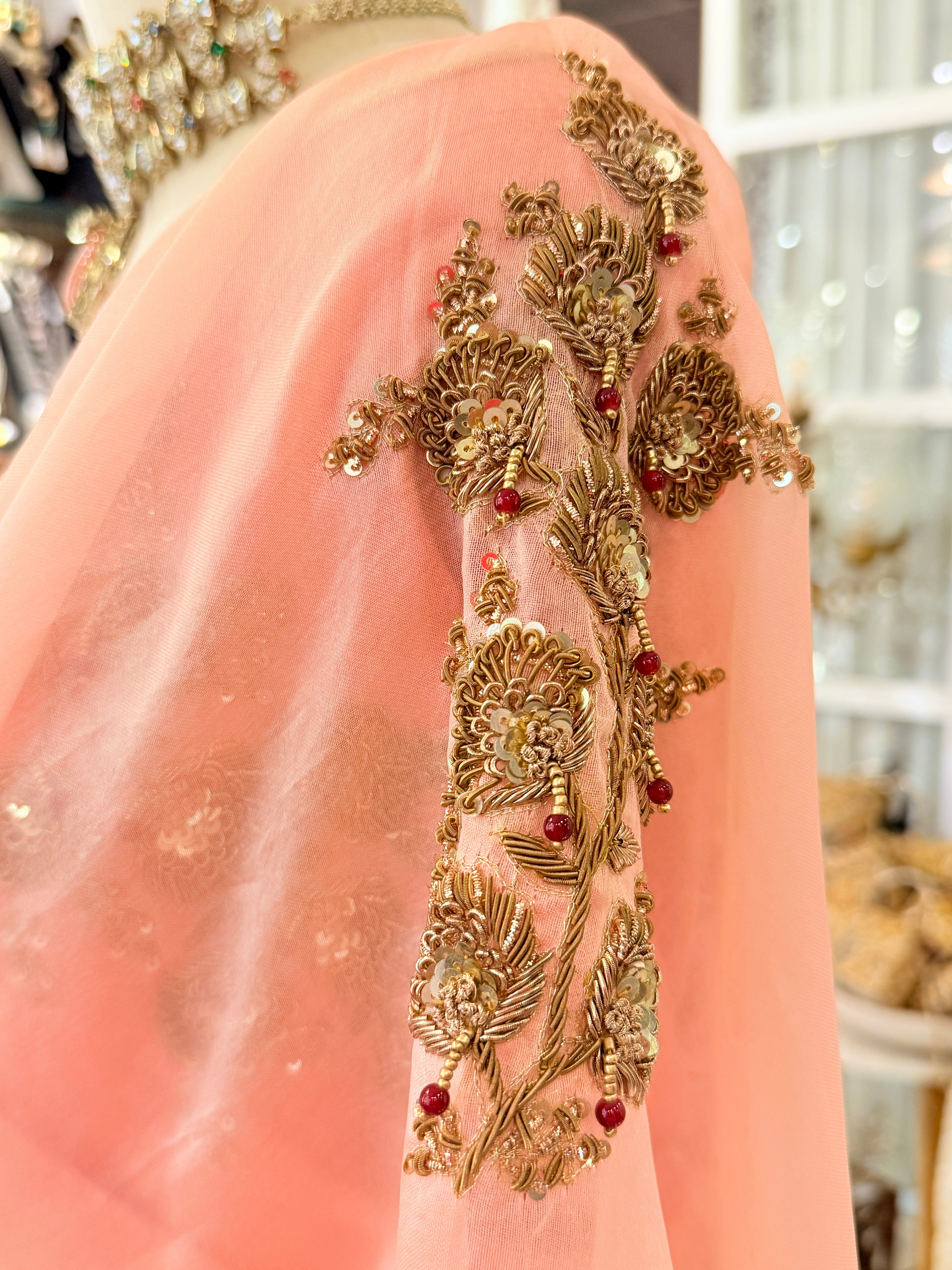 Sheer Blush pink latkan Zardosi work Banarasi kora silk Designer saree