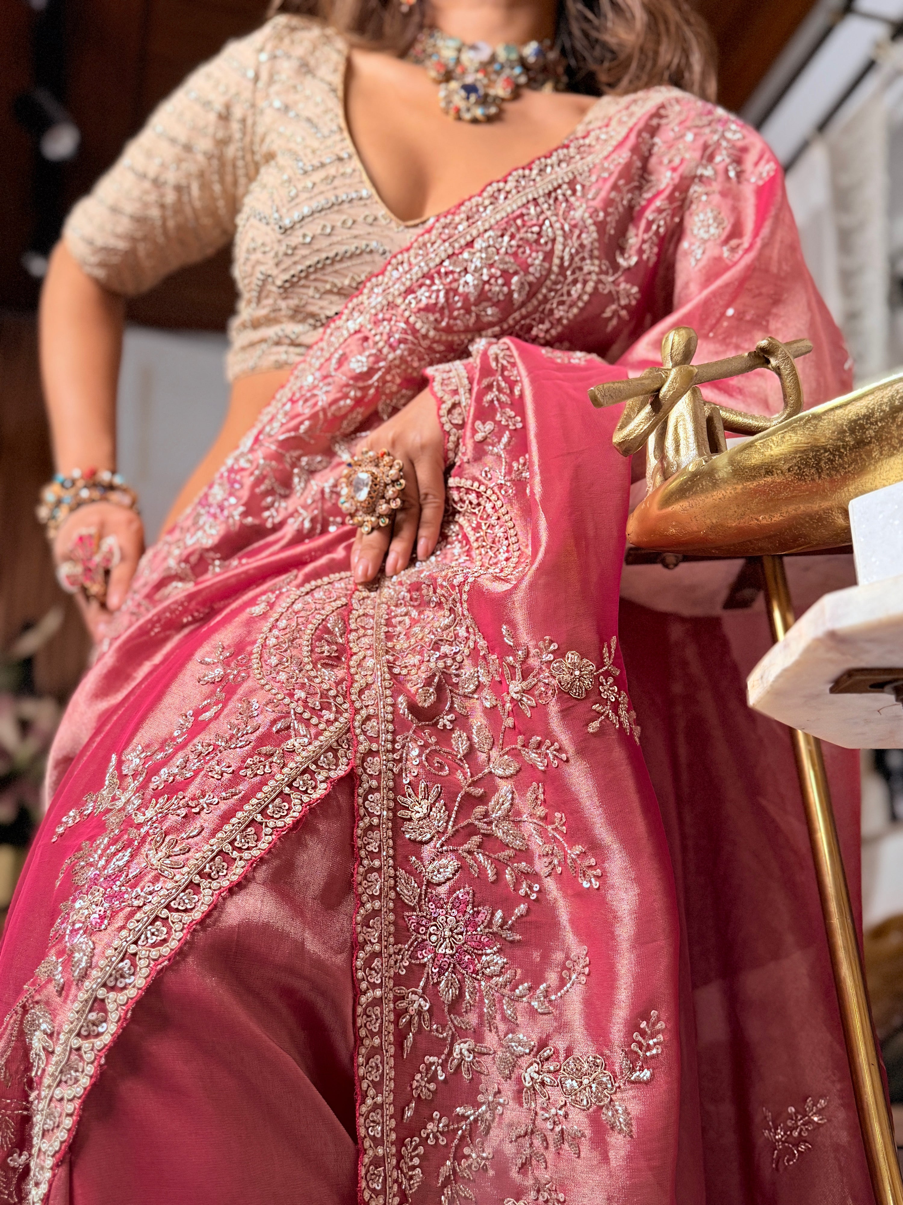 Blush Pink Kanjivaram Tissue silk Designer saree with unstitched Blouse