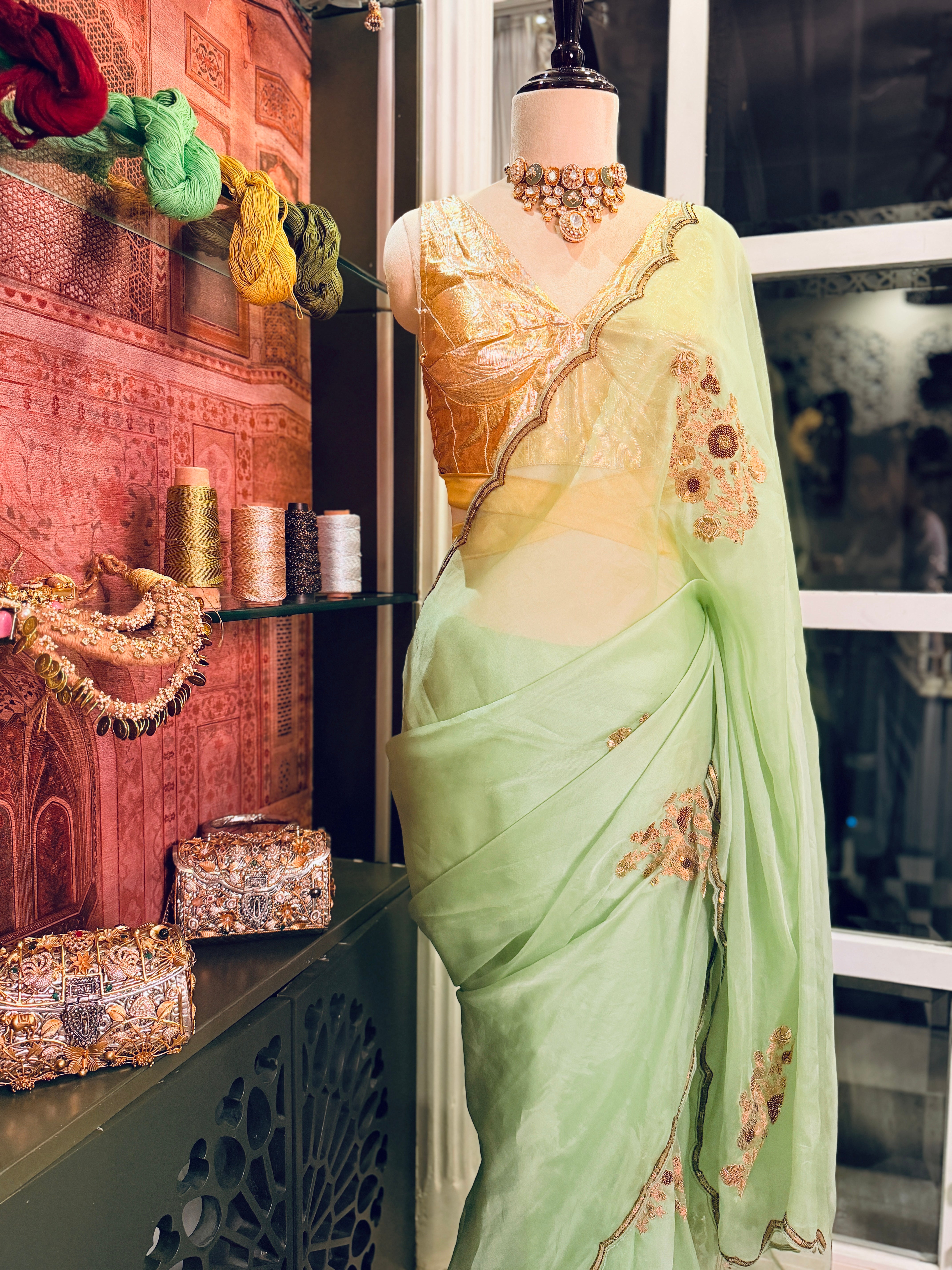 Sheer Pista Bageecha Saree
