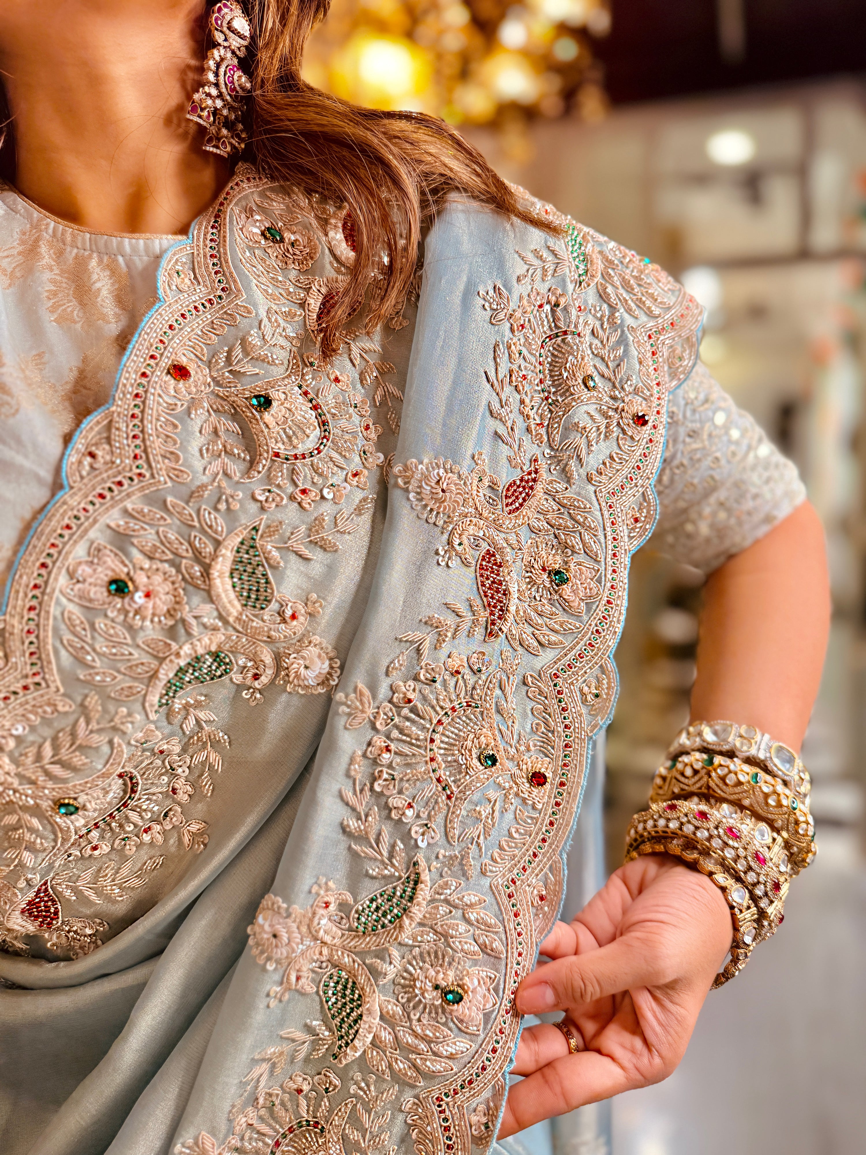 Pastel Sky-Blue zari woven Kanjivaram Tissue Heavy Zardosi Designer Saree with Blouse piece