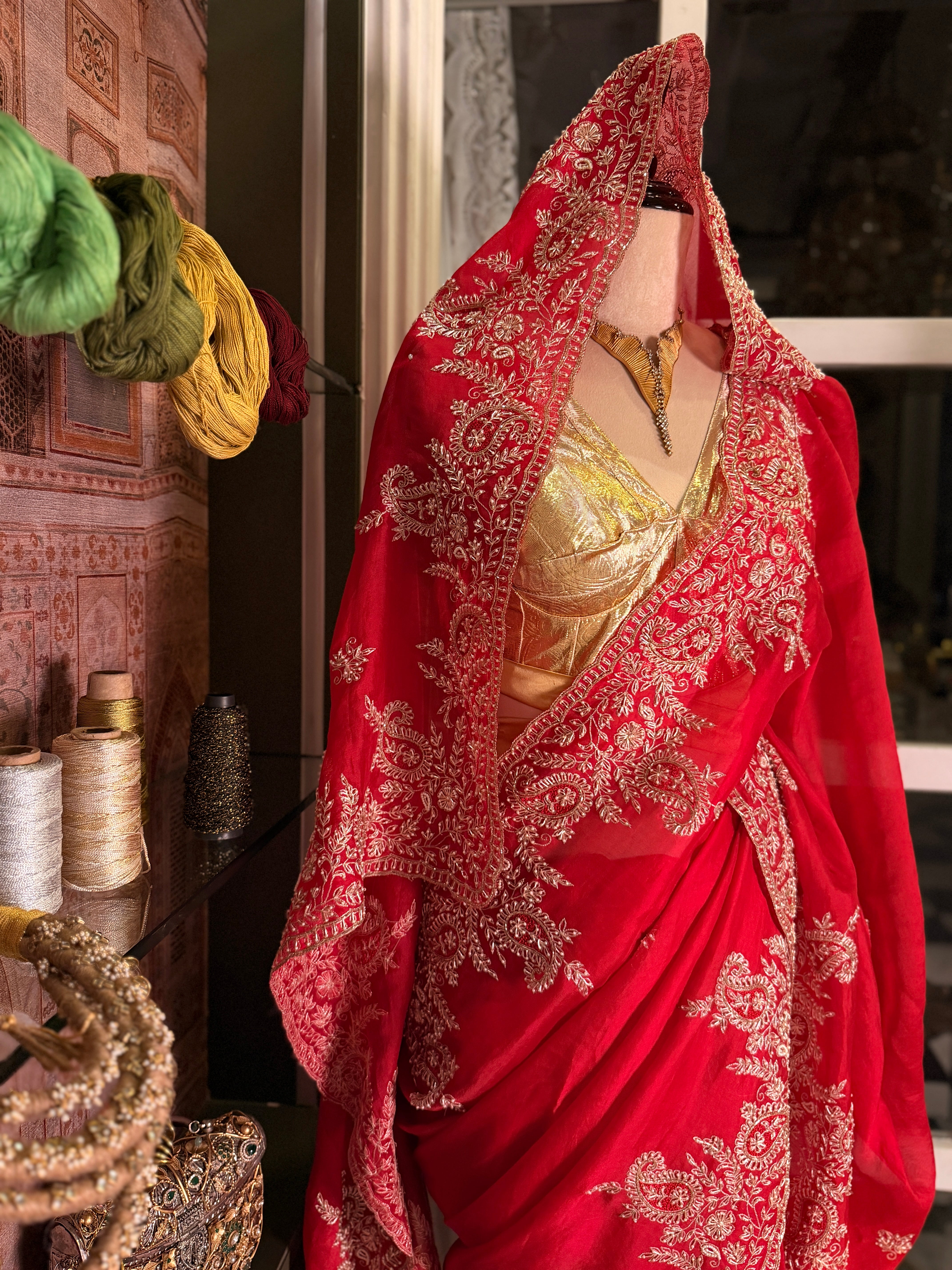 Mango Butta Red Pure Organza saree