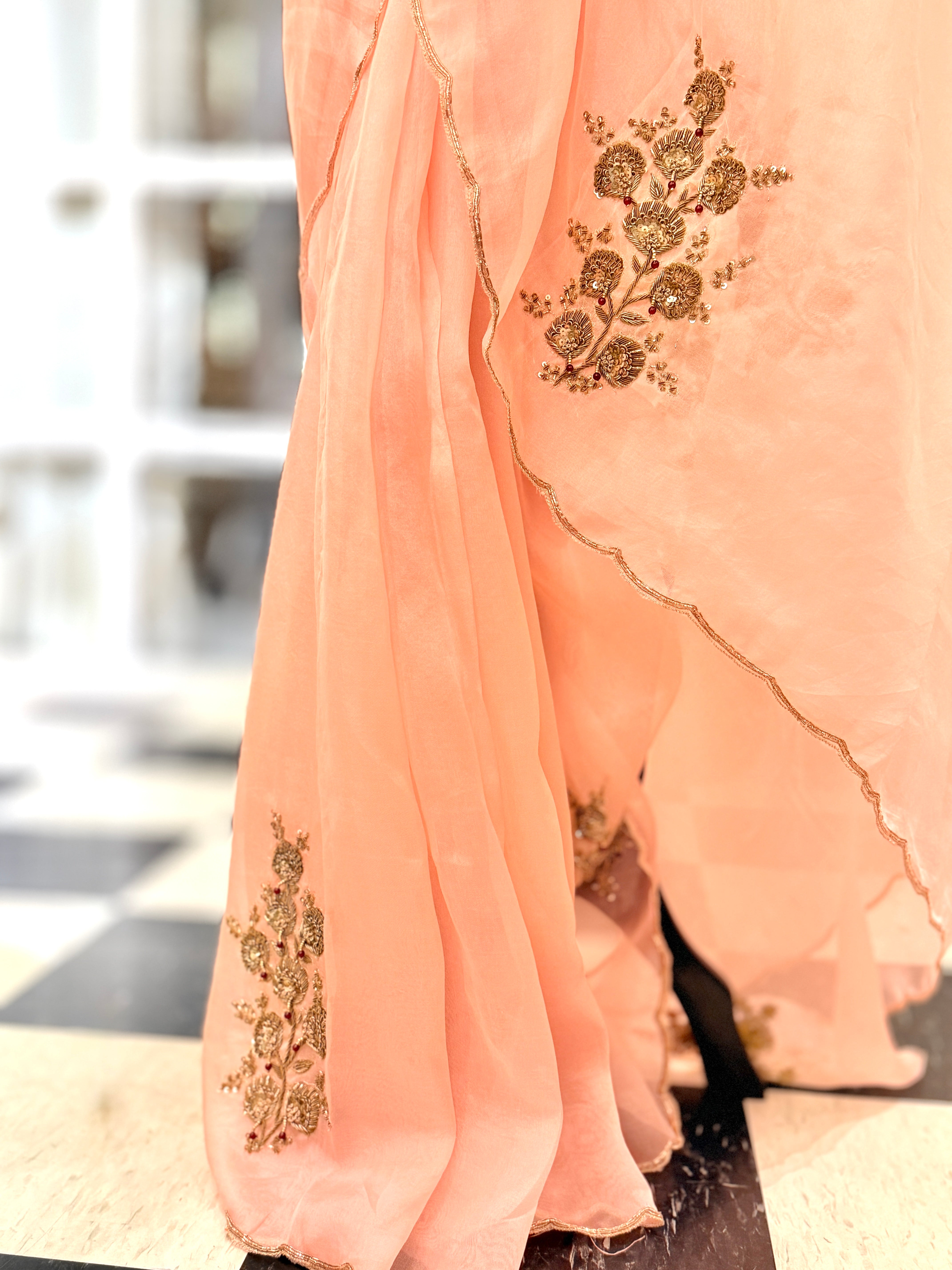 Sheer Blush pink latkan Zardosi work Banarasi kora silk Designer saree