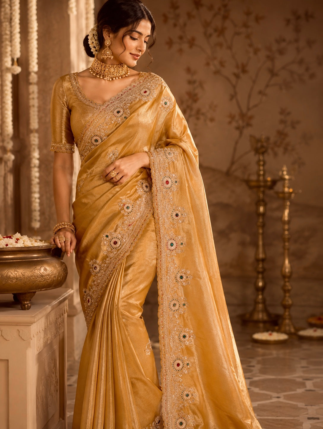 Golden Heirloom Tissue kanjivaran Zardosi saree