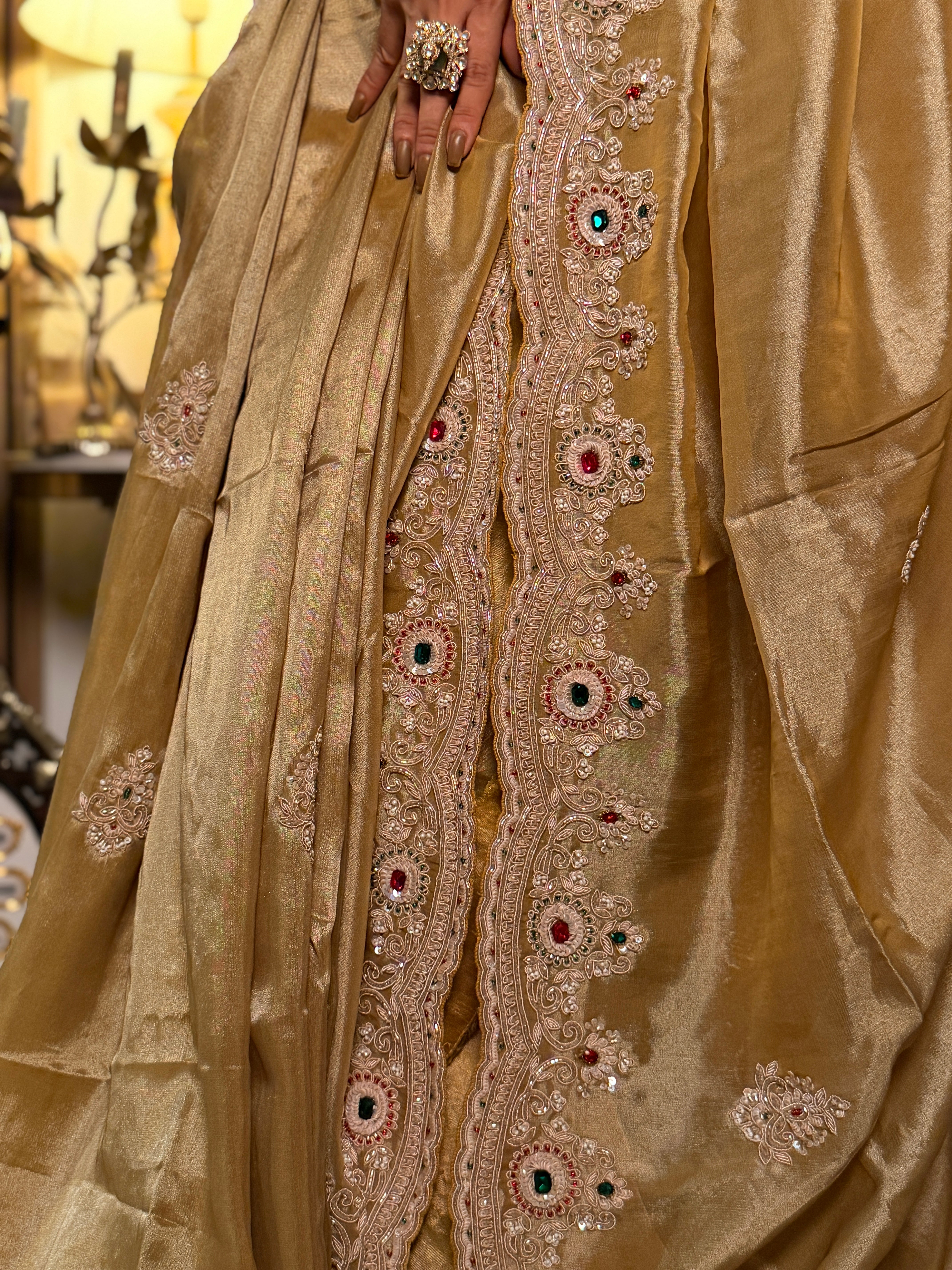 Golden Heirloom Tissue kanjivaran Zardosi saree