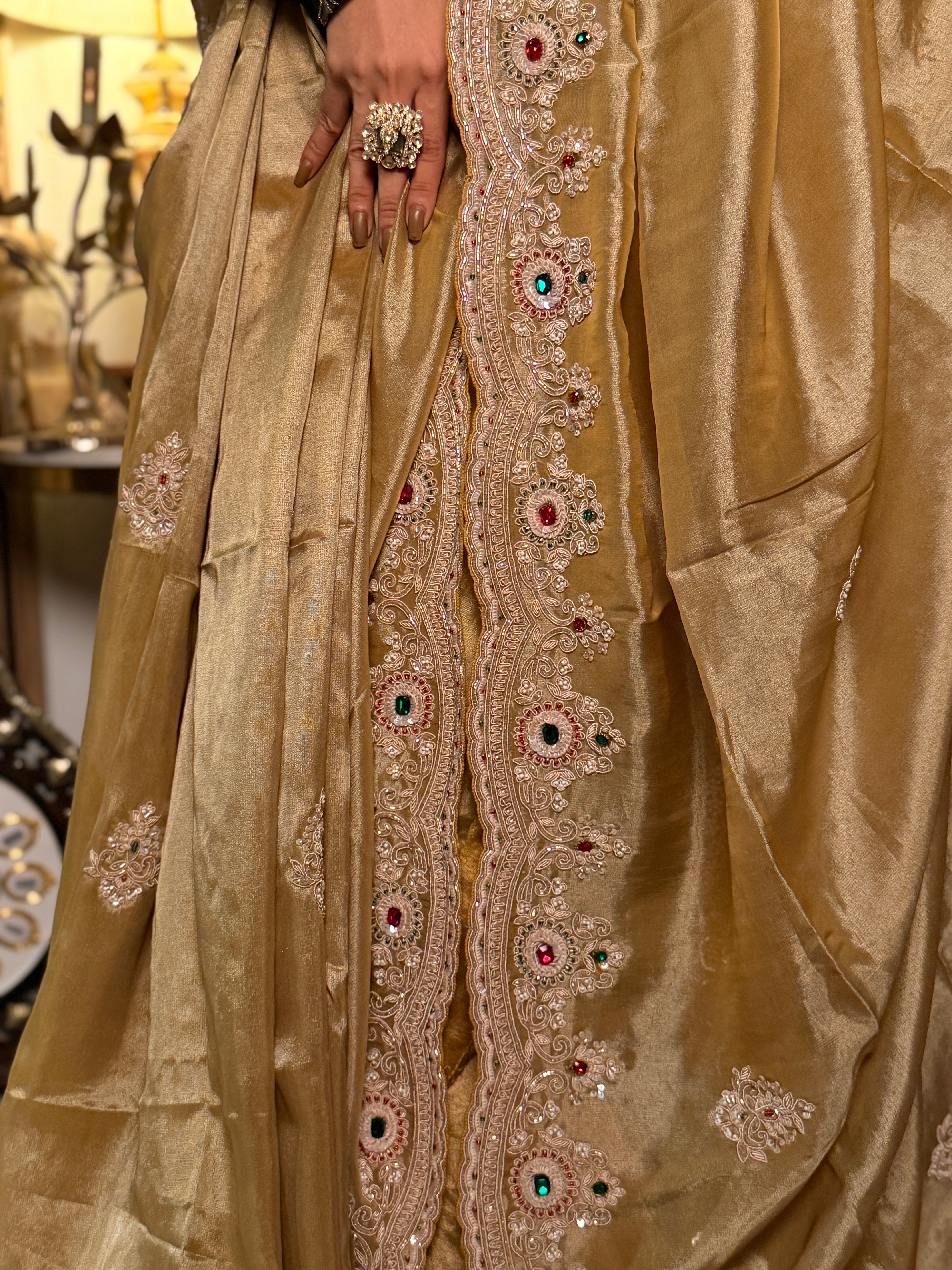 Golden Heirloom Tissue kanjivaran Zardosi saree