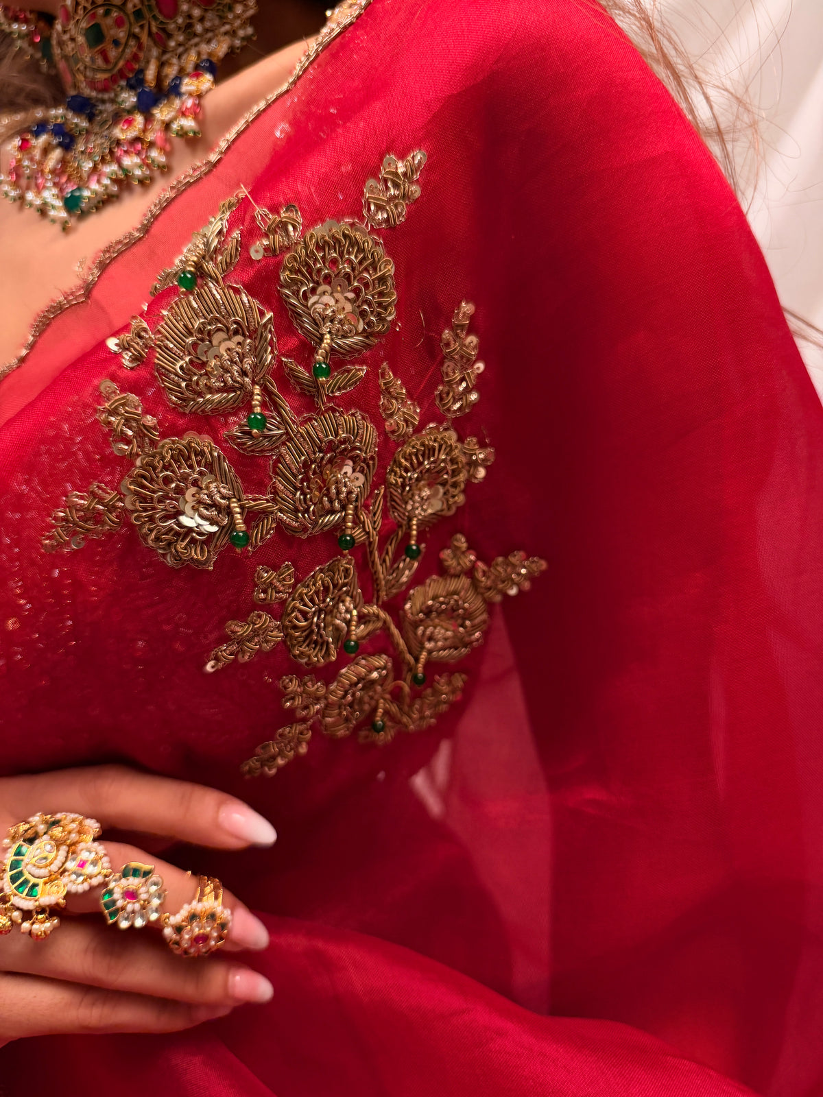 Sindoori Laal latkan Zardosi work pure  Organza Saree