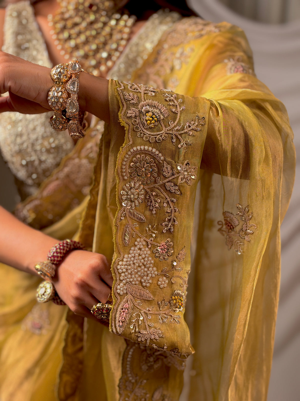Pure Tissue zardosi Lime saree