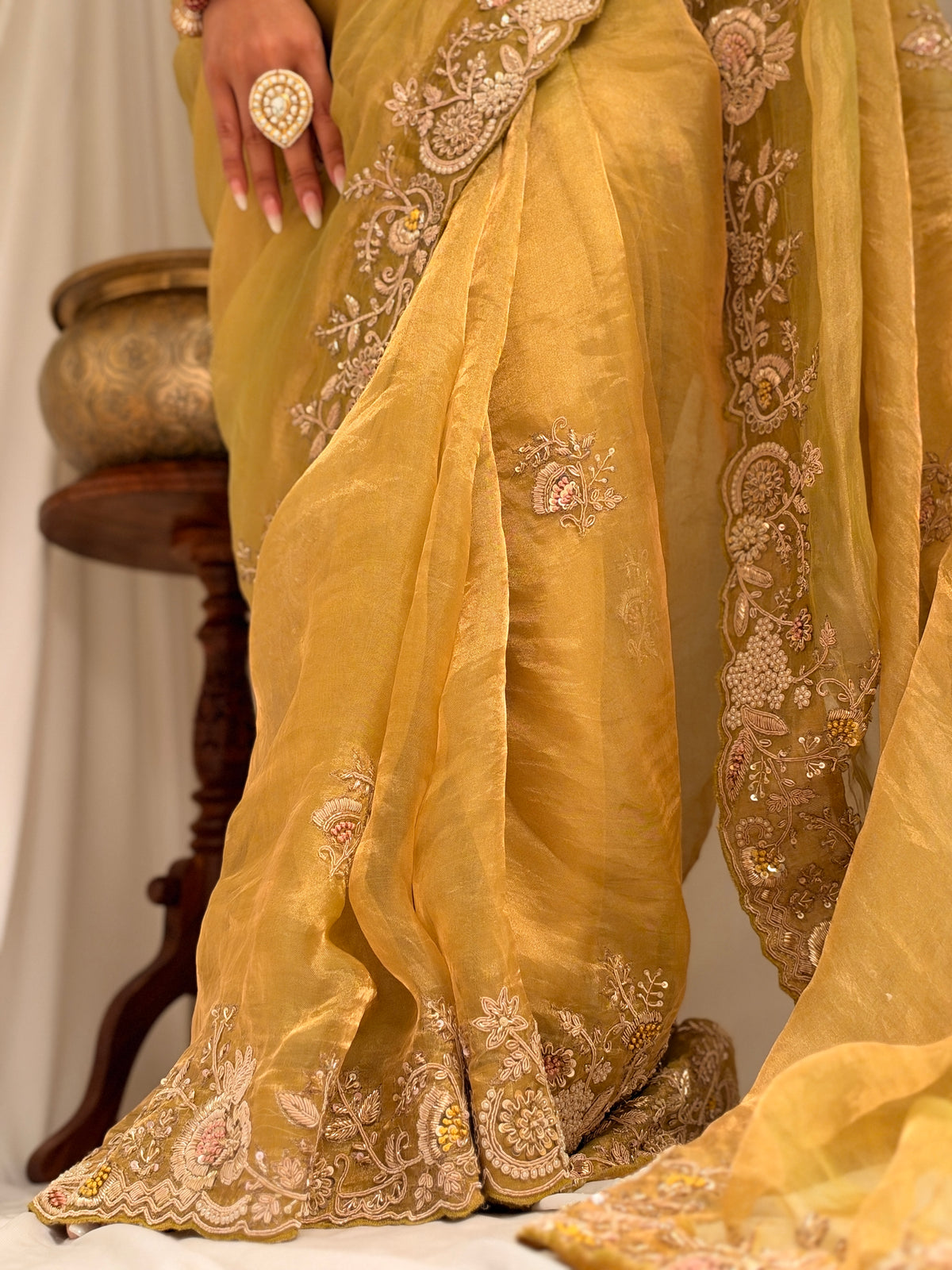 Pure Tissue zardosi Lime saree