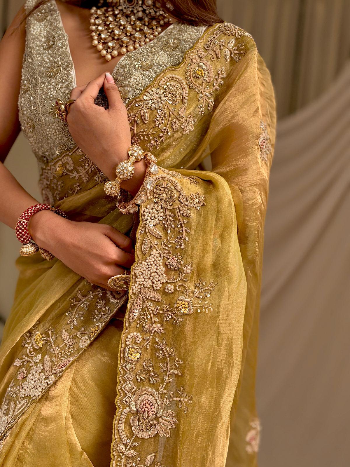 Pure Tissue zardosi Lime saree