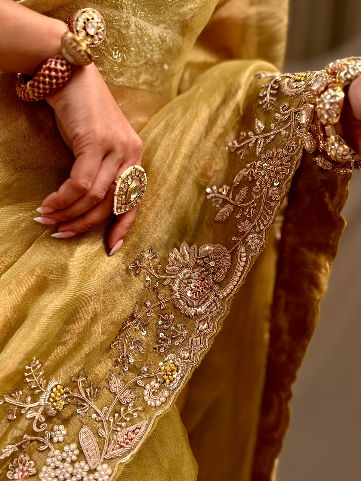 Pure Tissue zardosi Lime saree