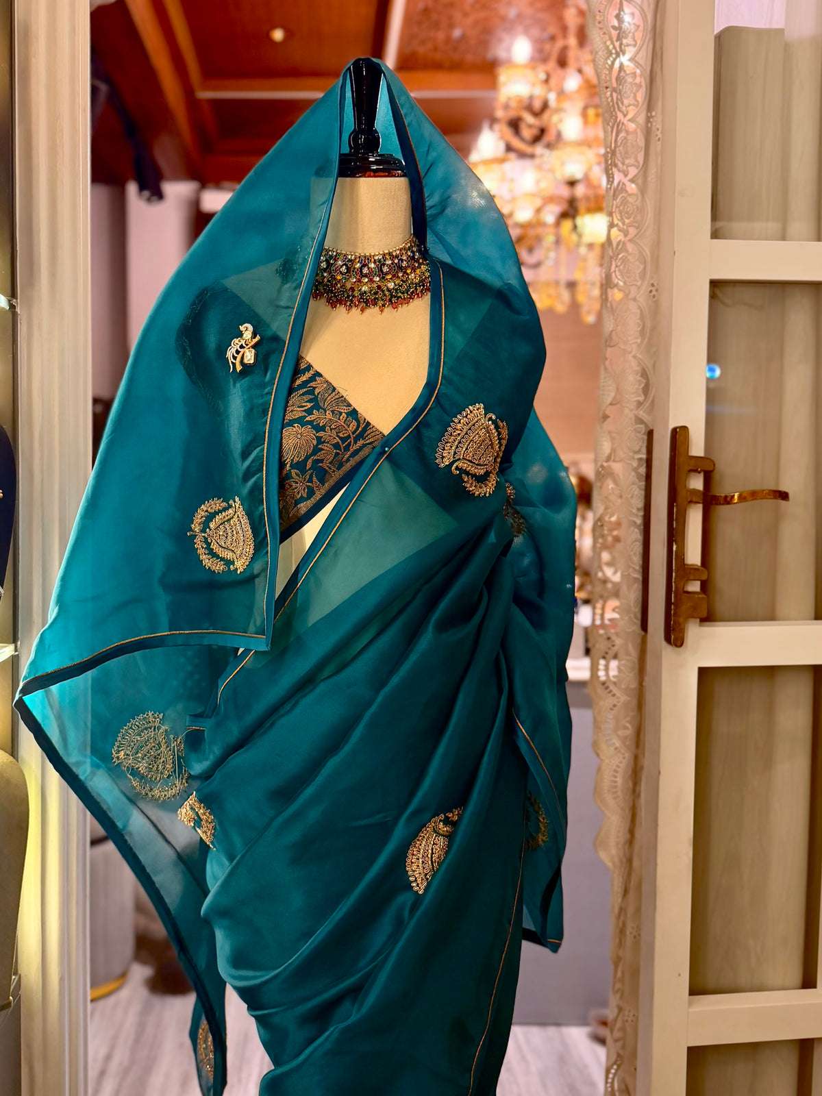Pure organza Teal Saree