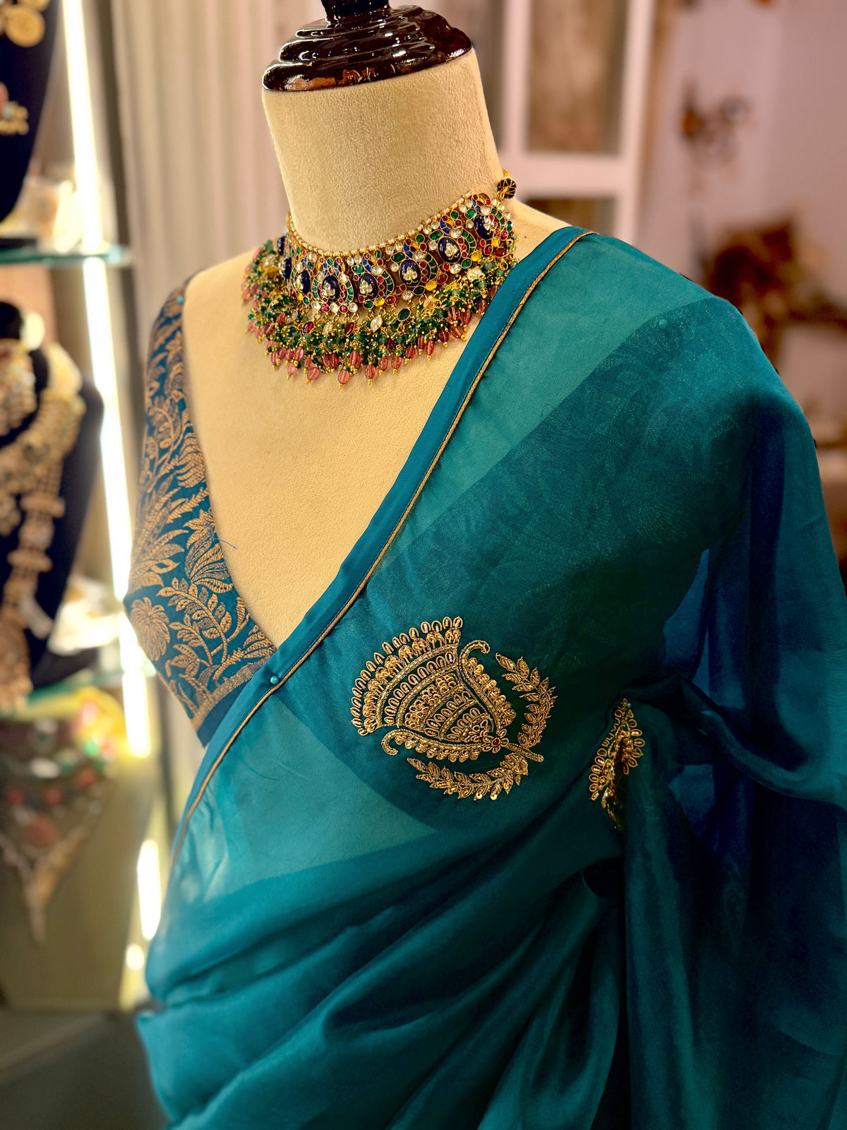 Pure organza Teal Saree