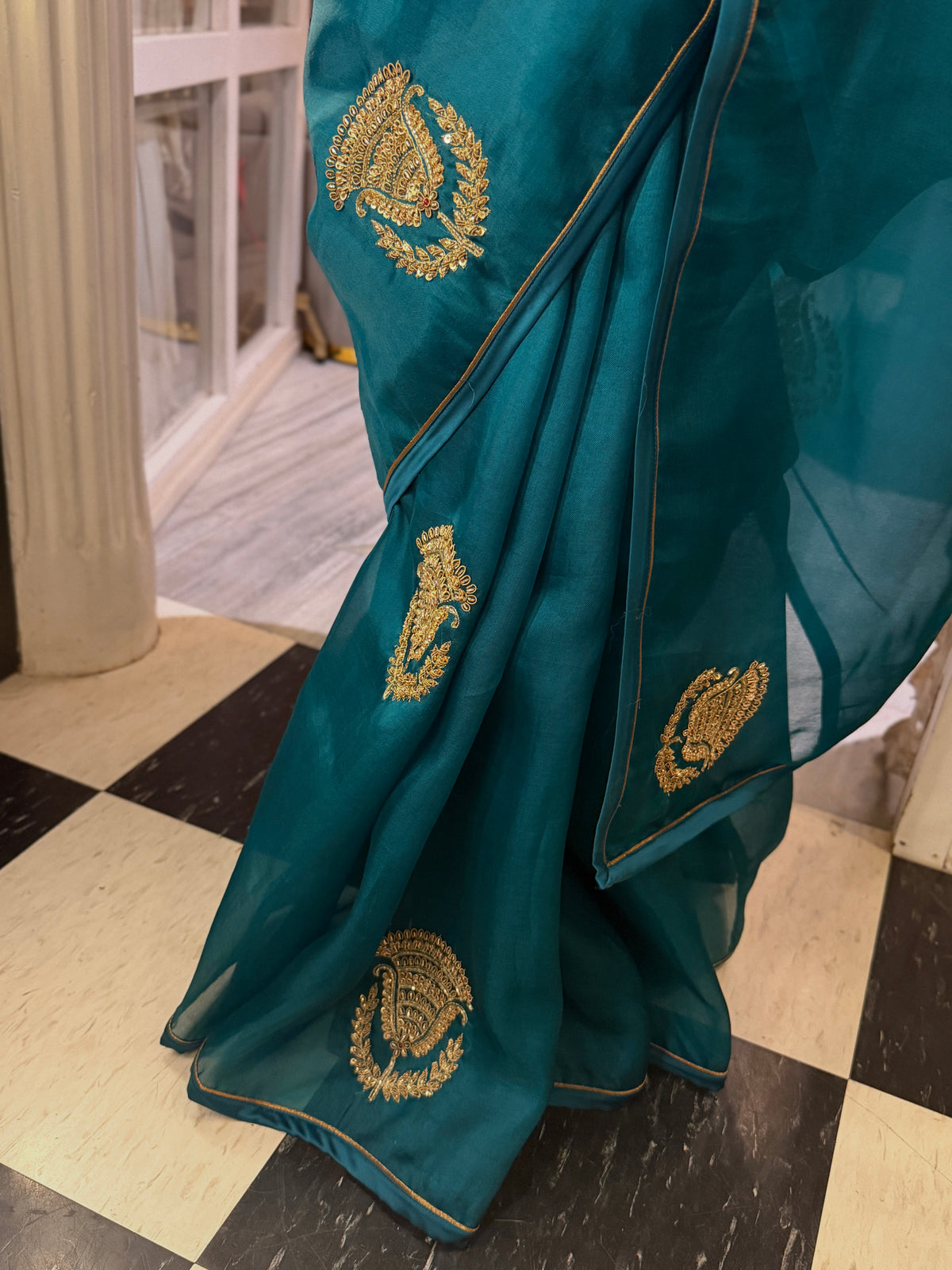 Pure organza Teal Saree