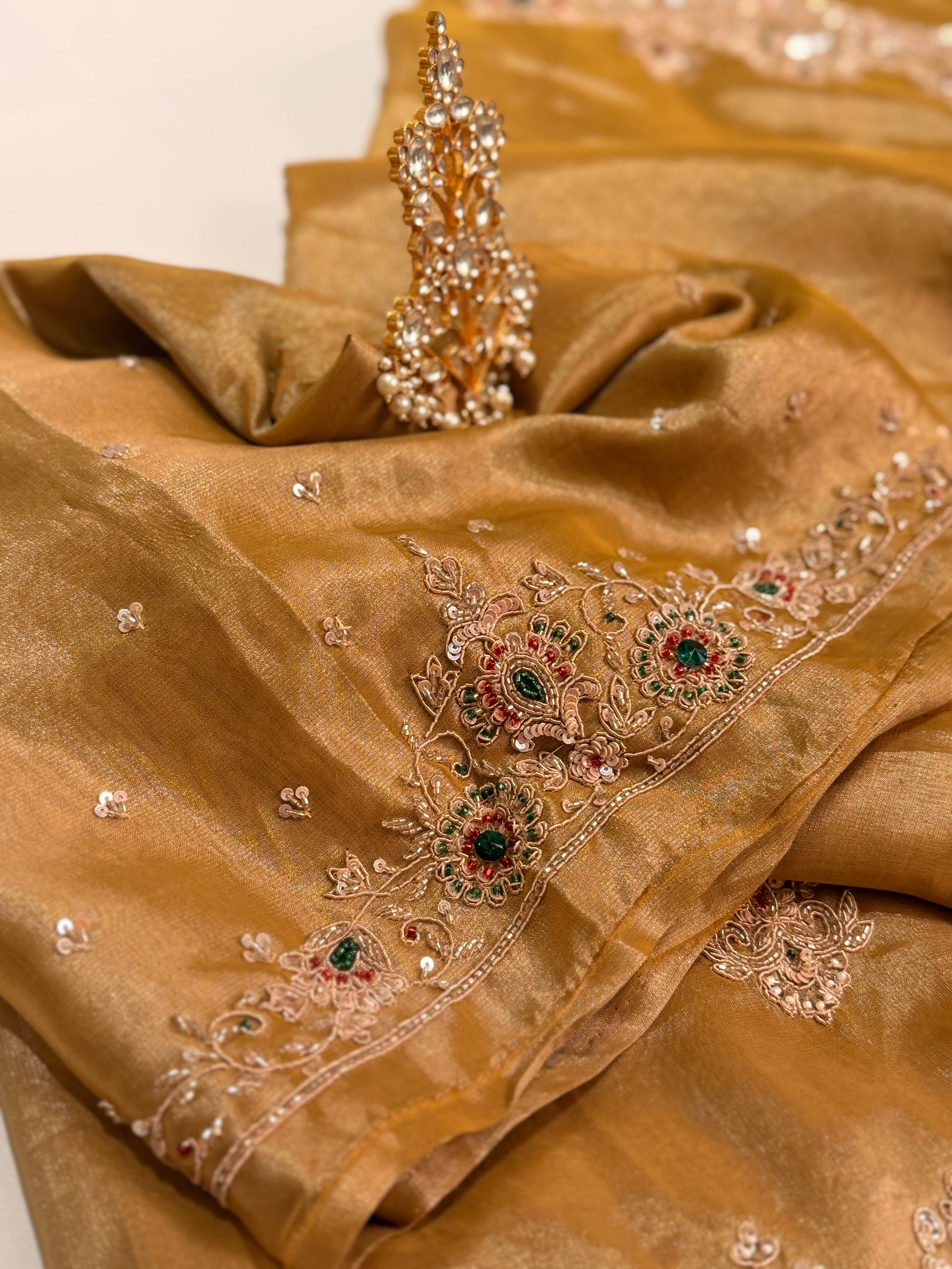 Golden Heirloom Tissue kanjivaran Zardosi saree